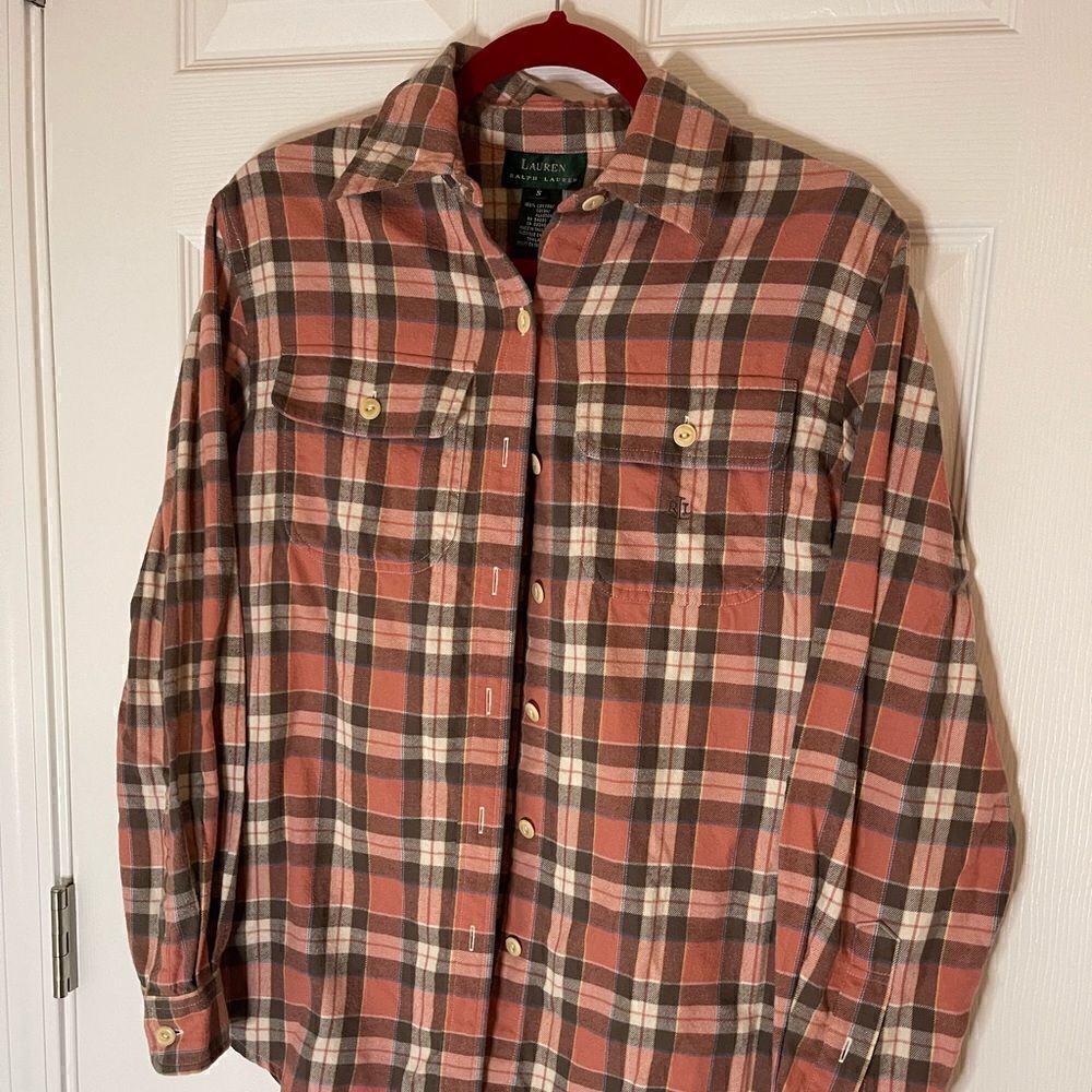 Ralph Lauren Pink brown white Plaid Long Sleeve 100% cotton in Size Small
